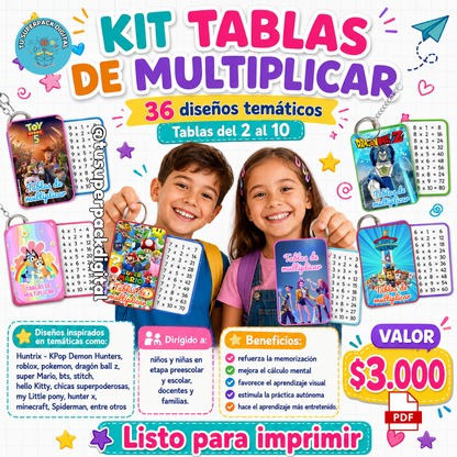 KIT TABLAS DE MULTIPLICAR DEL 2 AL 10 - 36 DISEÑOS