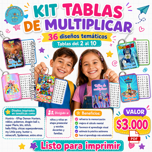 KIT TABLAS DE MULTIPLICAR DEL 2 AL 10 - 36 DISEÑOS