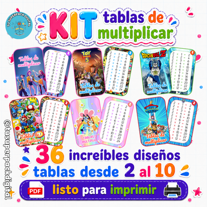 KIT TABLAS DE MULTIPLICAR DEL 2 AL 10 - 36 DISEÑOS