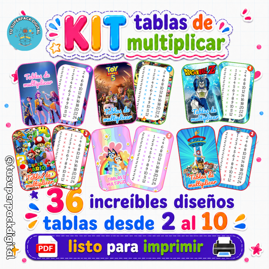 KIT TABLAS DE MULTIPLICAR DEL 2 AL 10 - 36 DISEÑOS