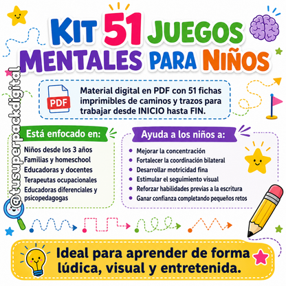 KIT JUEGOS MENTALES PARA NIÑOS - 51 ACTIVIDADES