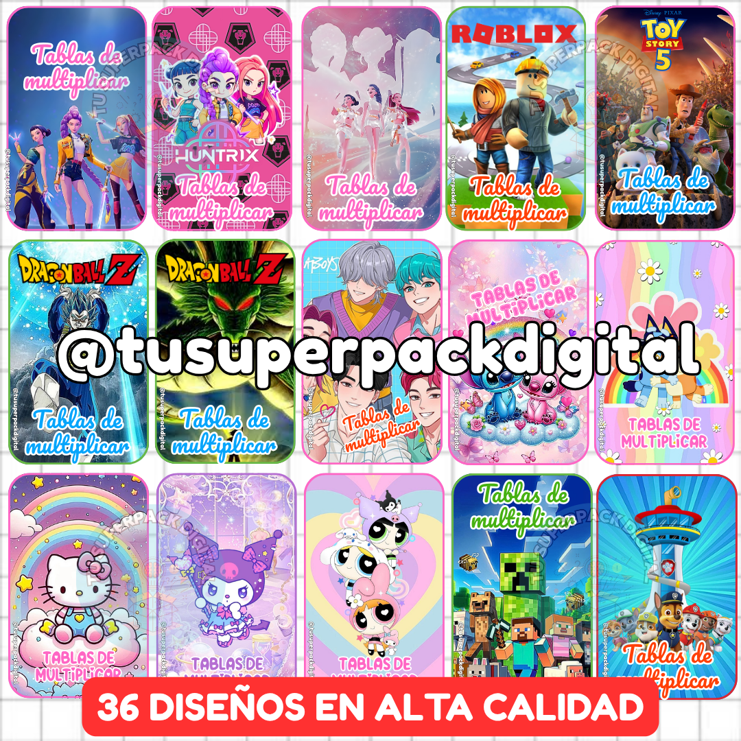 KIT TABLAS DE MULTIPLICAR DEL 2 AL 10 - 36 DISEÑOS